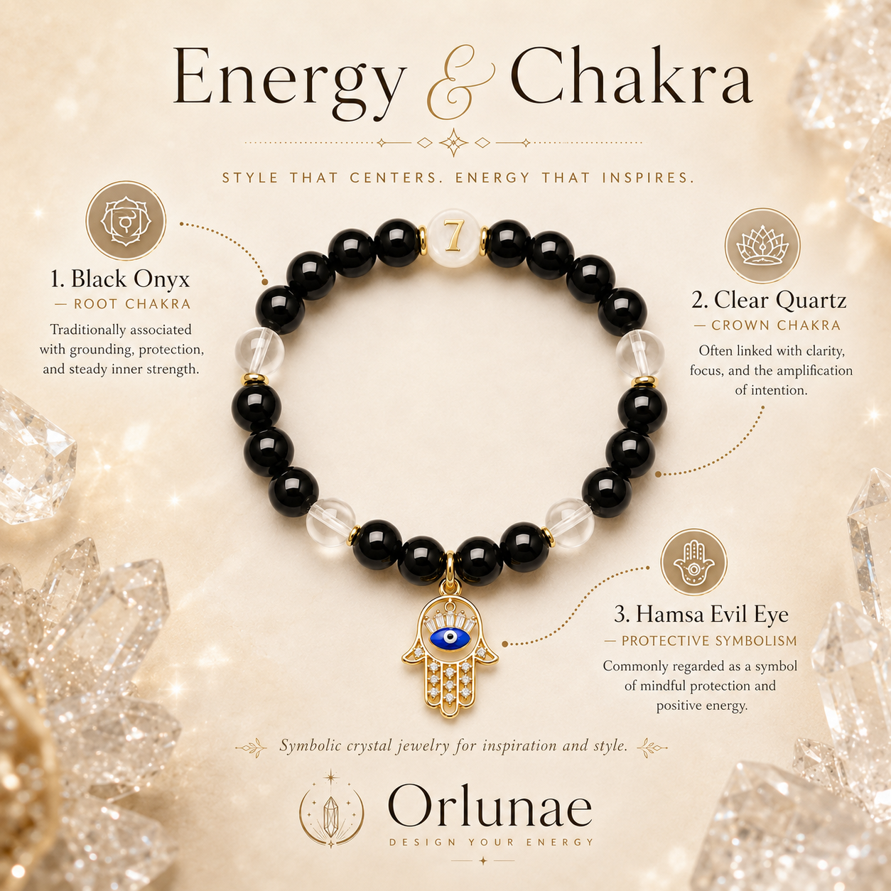 Black Obsidian Clear Quartz Protection Bracelet – Hamsa & Evil Eye Energy