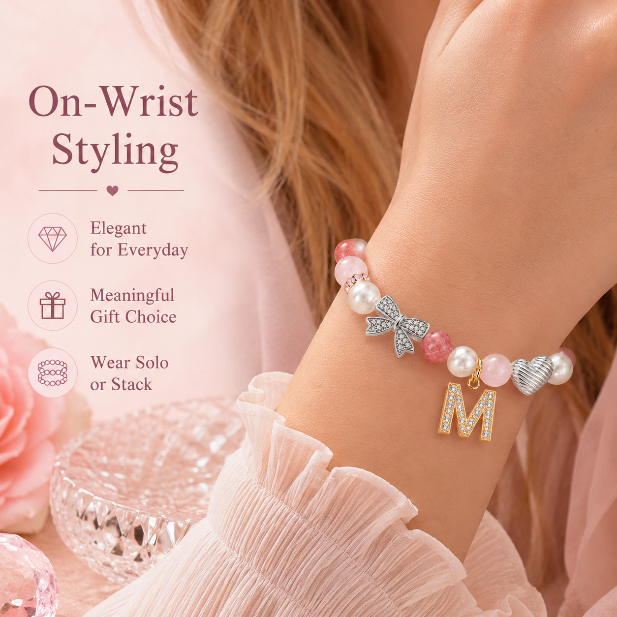 Rose Quartz Strawberry Crystal Pearl Initial Bracelet – Love & Sweet Charm Energy
