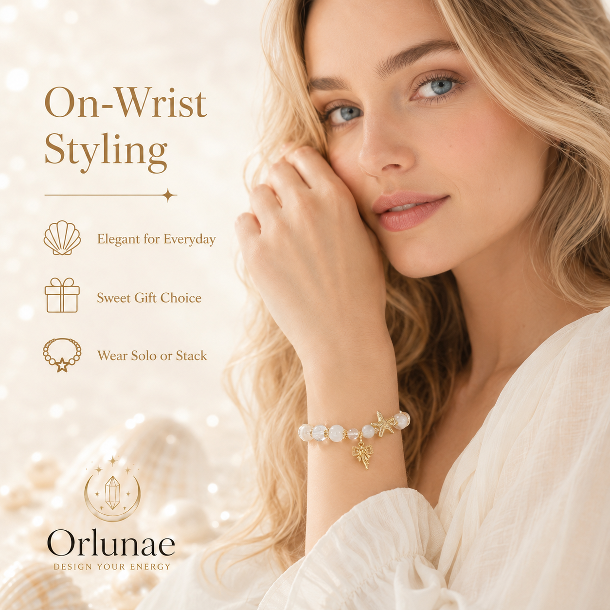 White Moonstone Clear Quartz Starfish Bracelet – Purity & Ocean Light Energy