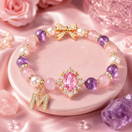Rose Quartz Amethyst Pearl Initial Bracelet – Romantic Love & Intuition Energy