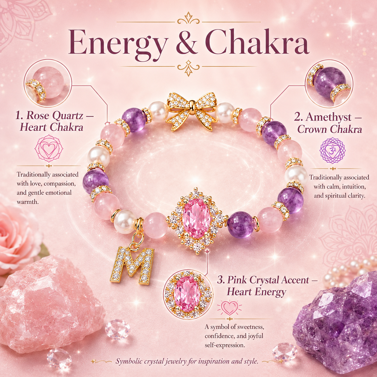 Rose Quartz Amethyst Pearl Initial Bracelet – Romantic Love & Intuition Energy