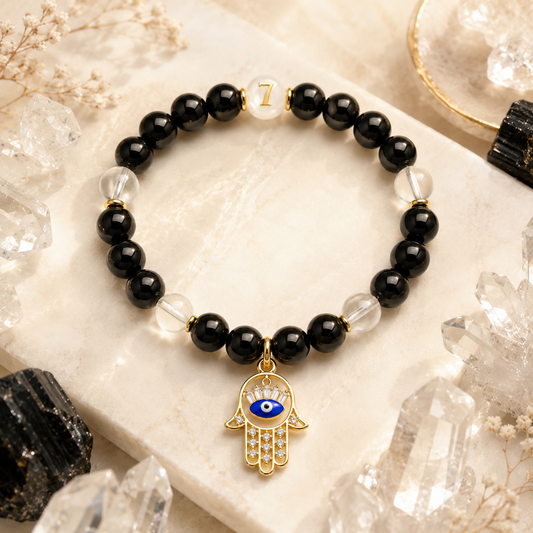 Black Obsidian Clear Quartz Protection Bracelet – Hamsa & Evil Eye Energy