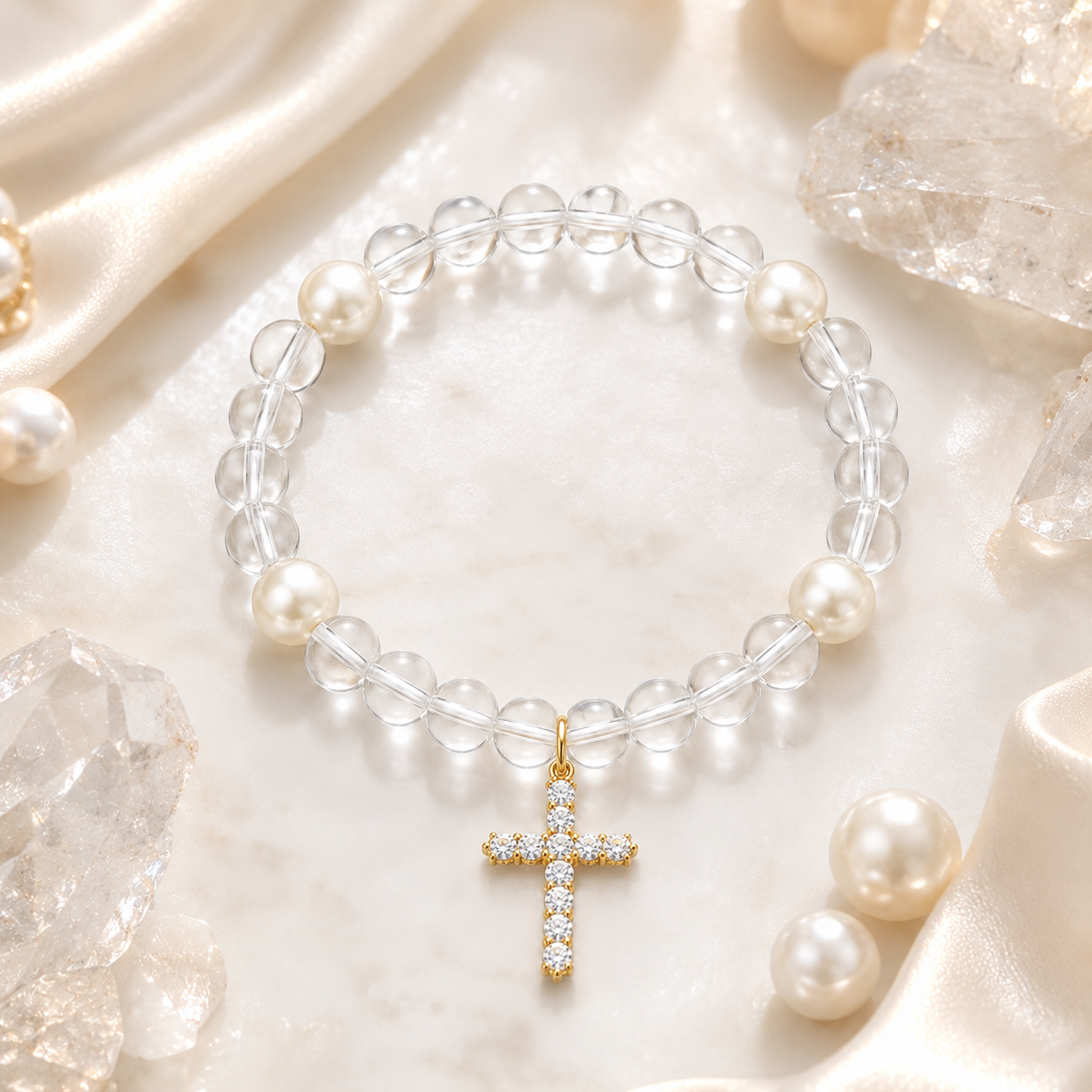 Clear Quartz Pearl Cross Bracelet – Clarity & Faith Energy