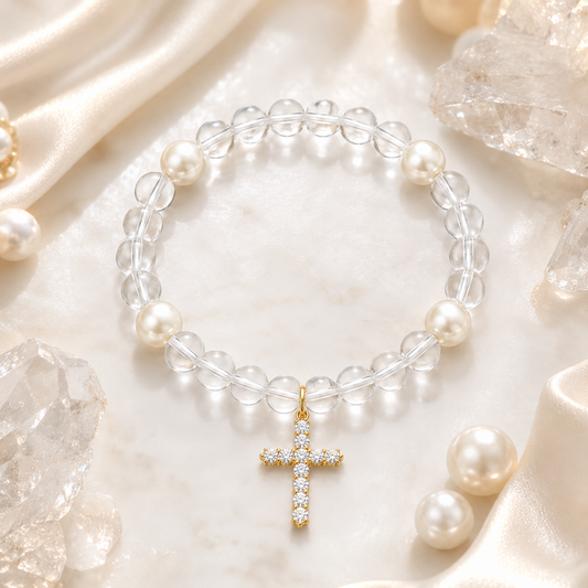 Clear Quartz Pearl Cross Bracelet – Clarity & Faith Energy