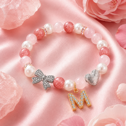Rose Quartz Strawberry Crystal Pearl Initial Bracelet – Love & Sweet Charm Energy