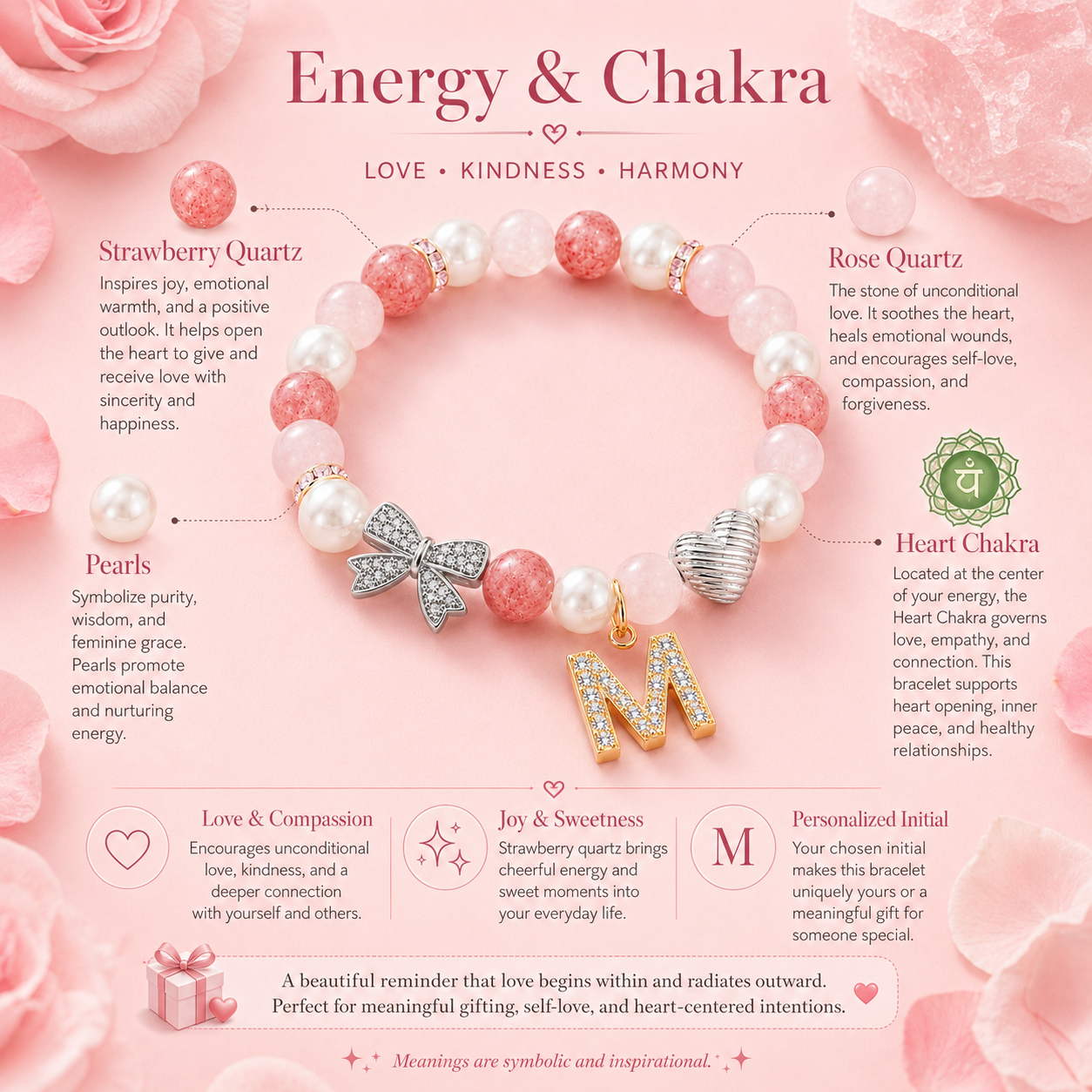 Rose Quartz Strawberry Crystal Pearl Initial Bracelet – Love & Sweet Charm Energy