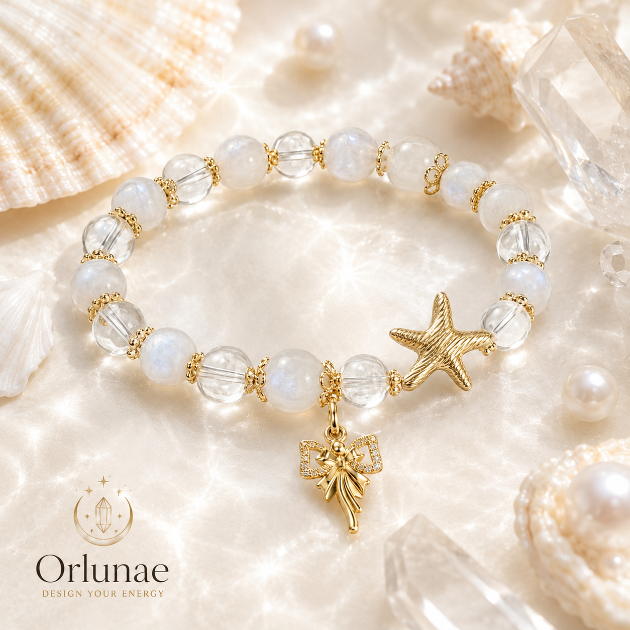 White Moonstone Clear Quartz Starfish Bracelet – Purity & Ocean Light Energy