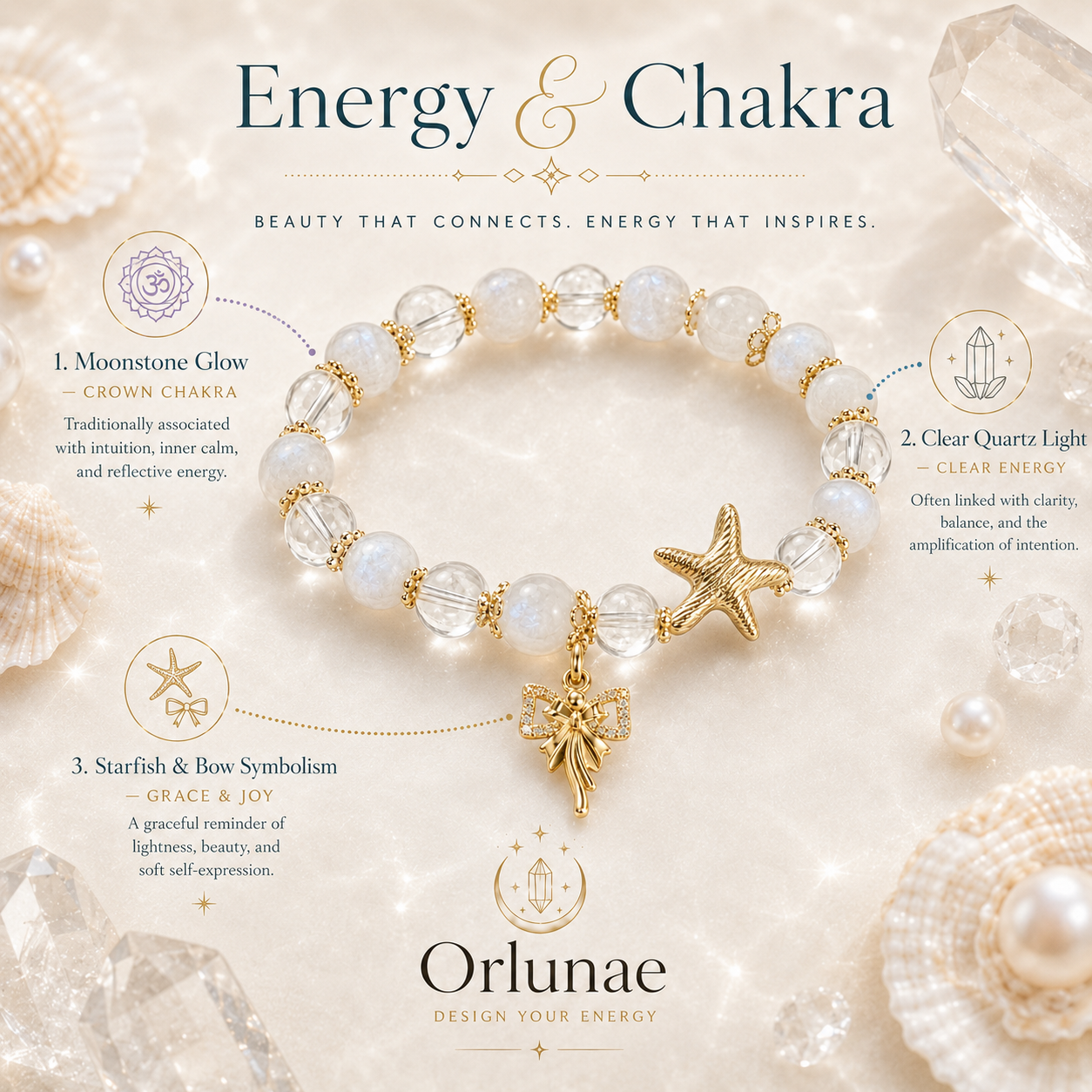 White Moonstone Clear Quartz Starfish Bracelet – Purity & Ocean Light Energy