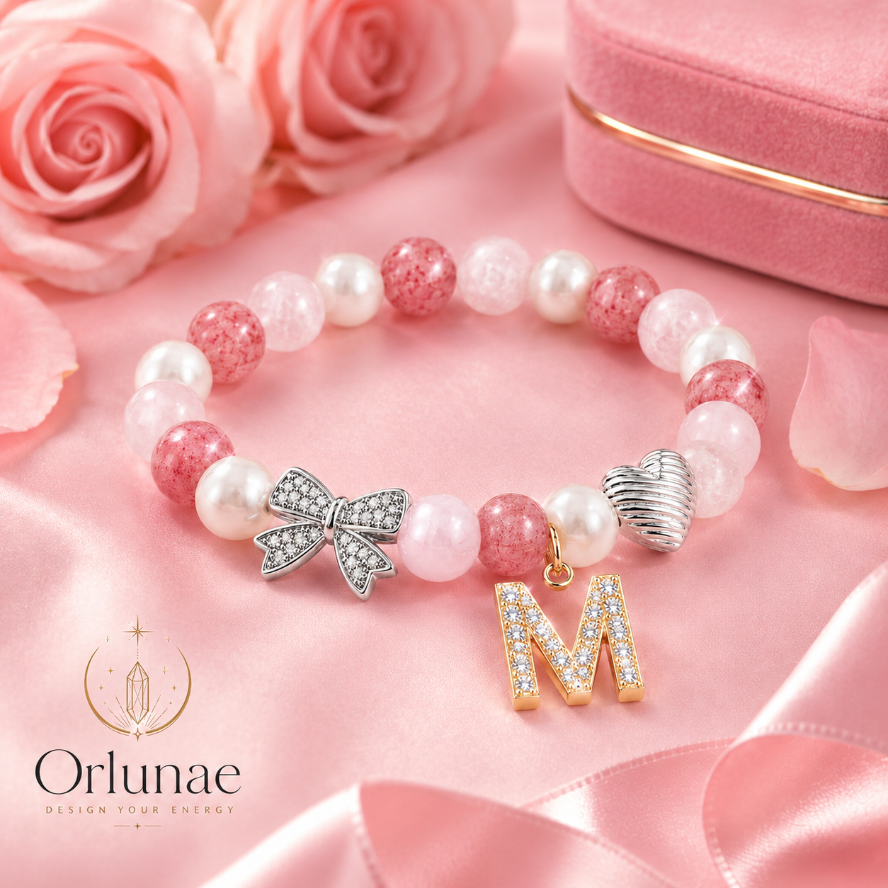 Pink Rose Quartz Strawberry Crystal Initial Bracelet – Love & Sweet Energy