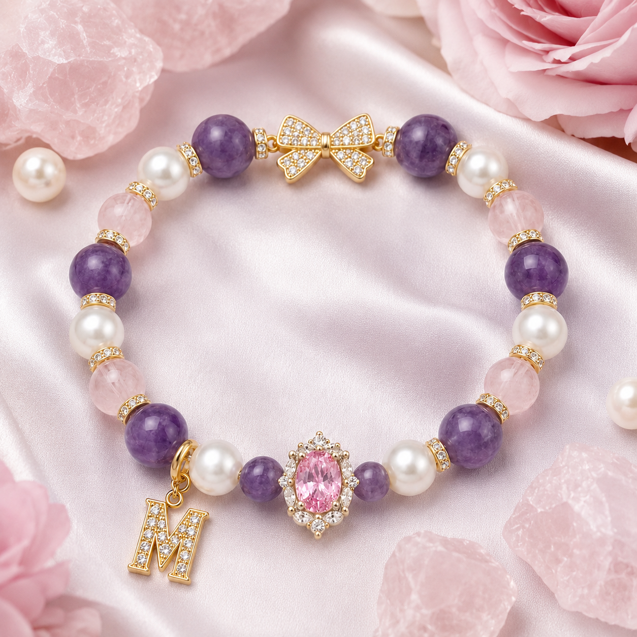 Rose Quartz Amethyst Pearl Initial Bracelet – Love & Intuition Energy