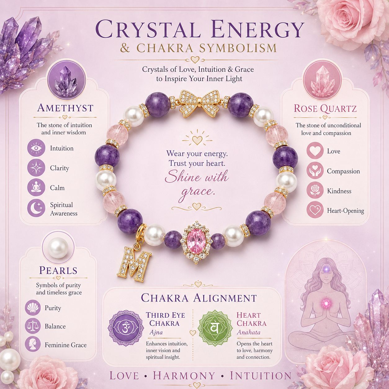Rose Quartz Amethyst Pearl Initial Bracelet – Love & Intuition Energy